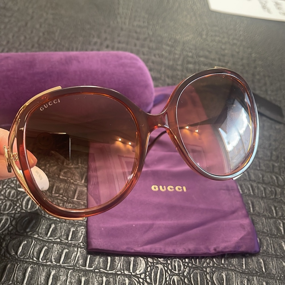 Gucci Havana #GG0226S Sunglasses with Gold Logo GG on side with Gold Frame